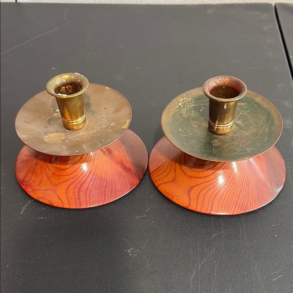 Elegant Brass and Wood Candle Holders